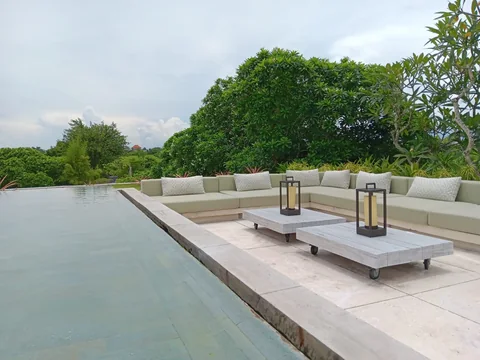 Rooftop water feature and lounge seating