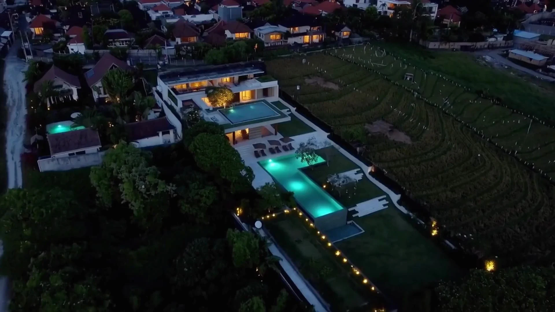 Evening lighting preview of The Iman Villa from above
